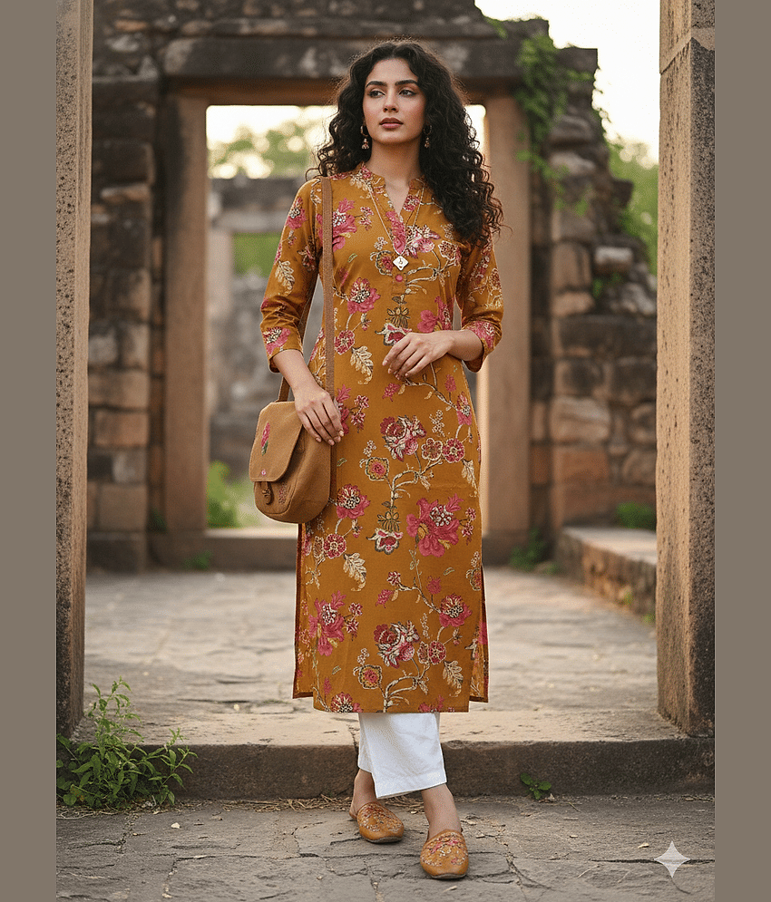 Wonder Weaves Women Cotton Printed Straight Kurti ( Mustard ) - Kurtis, Tunics | Buy online on ZillyBuy