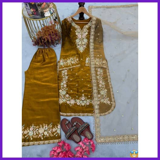 BHAGYASHRAY Women Silk Embroidered Ethnic Motifs Kurti With Patiala Salwar ( Gold )
