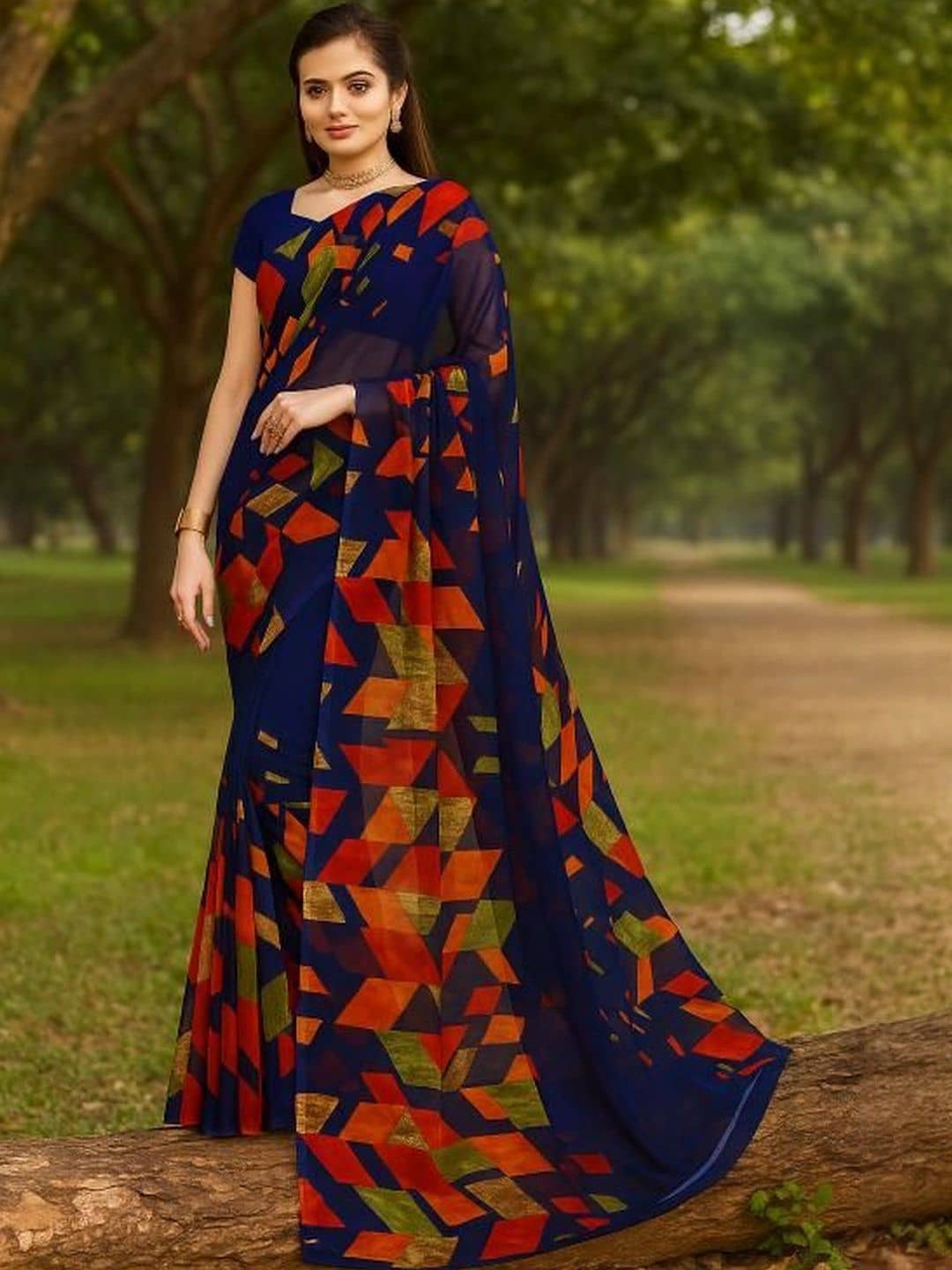 Vkaran Georgette Printed Regular Saree With Unstitched Blouse Piece ( Navy Blue ) - Sarees | Buy online on ZillyBuy