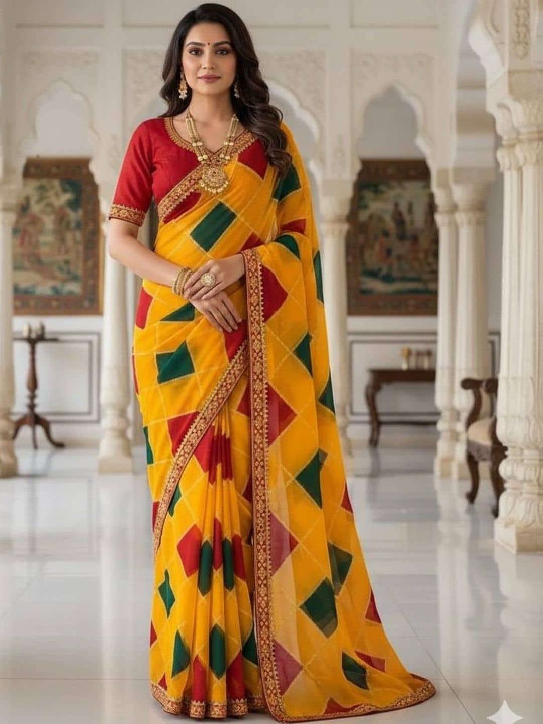 Vkaran Georgette Printed Regular Saree With Unstitched Blouse Piece ( Yellow ) - Sarees | Buy online on ZillyBuy