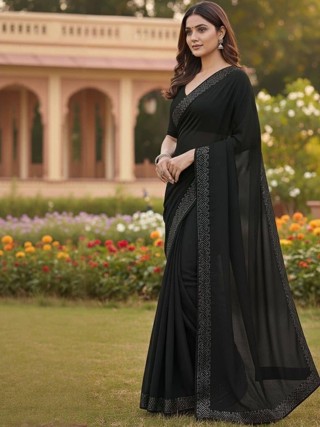 Vkaran Georgette Solid Regular Saree With Unstitched Blouse Piece ( Black ) - Sarees | Buy online on ZillyBuy