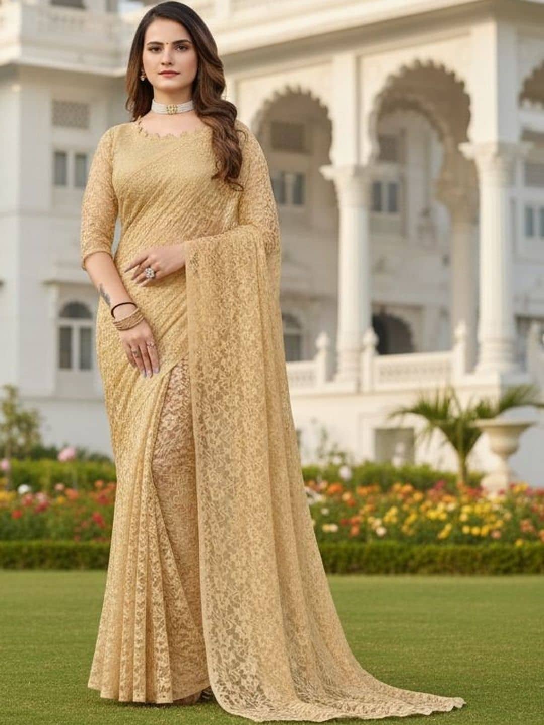 Vkaran Net Woven Regular Saree With Unstitched Blouse Piece ( Gold ) - Sarees | Buy online on ZillyBuy