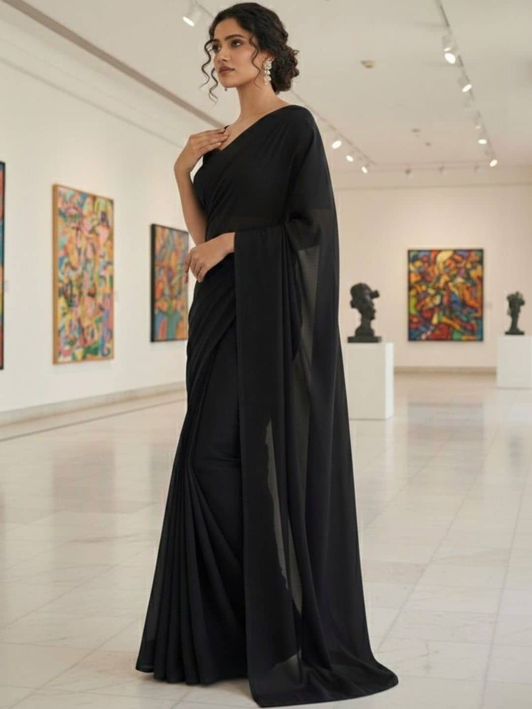 Saadhvi Georgette Solid Regular Saree With Unstitched Blouse Piece ( Black )