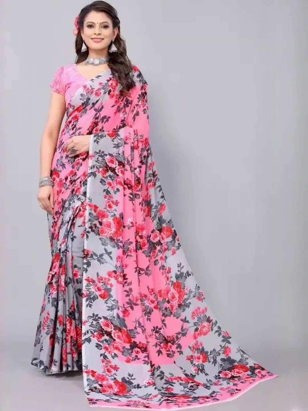 Samai Georgette Printed Regular Saree With Unstitched Blouse Piece ( Orange ) - Sarees | Buy online on ZillyBuy