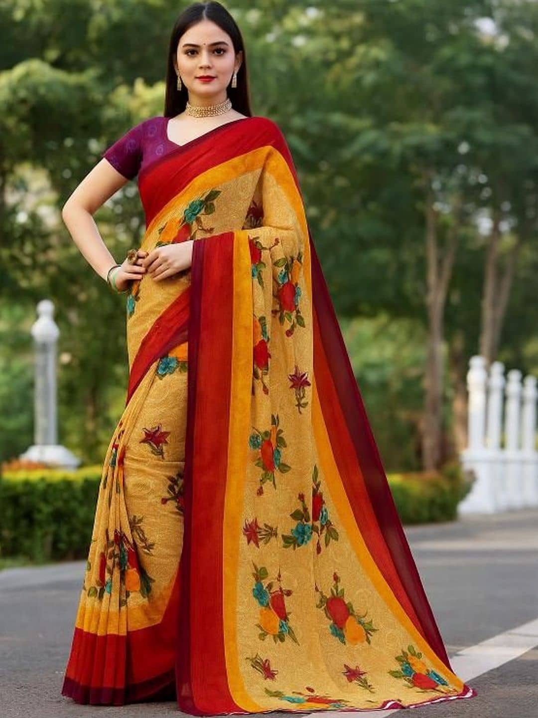 Samai Georgette Printed Regular Saree With Unstitched Blouse Piece ( Multicolor ) - Sarees | Buy online on ZillyBuy