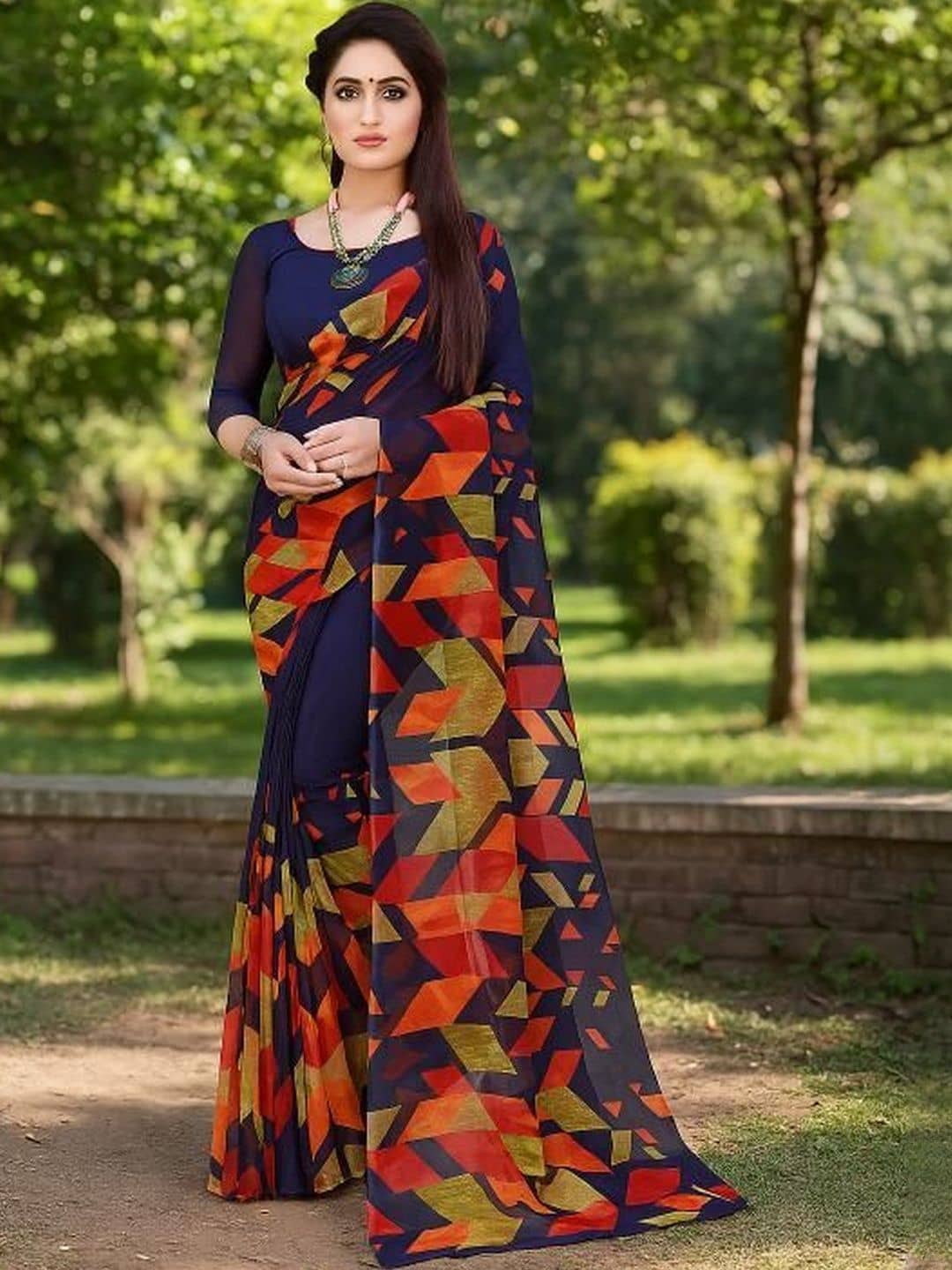 Samai Georgette Printed Regular Saree With Unstitched Blouse Piece ( Blue ) - Sarees | Buy online on ZillyBuy