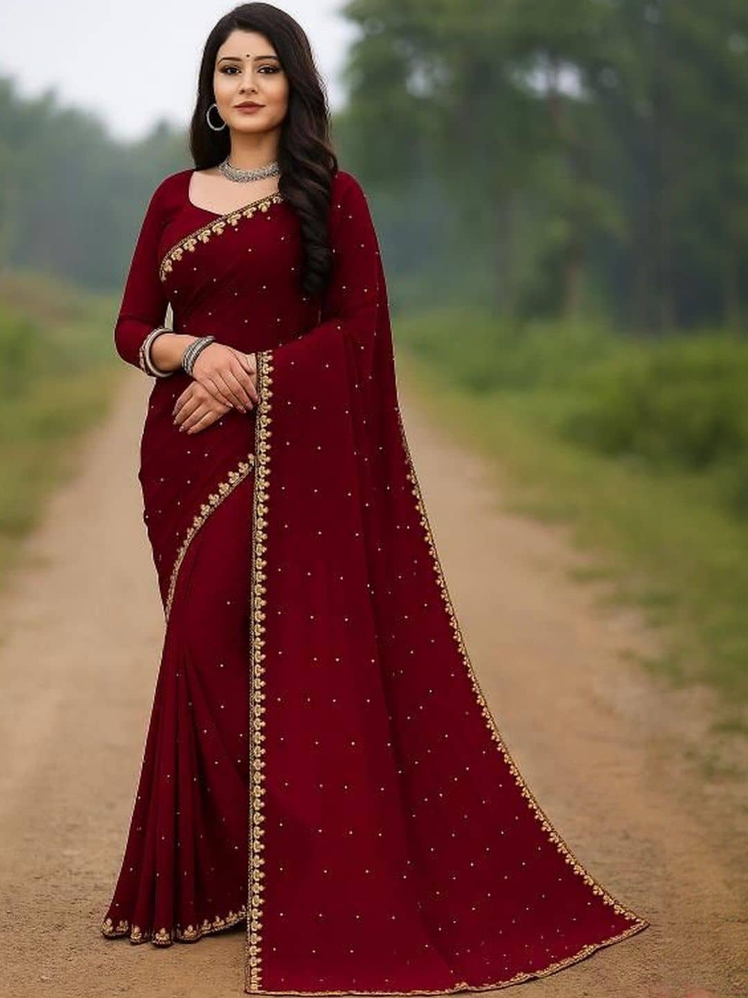 Samai Lycra Embellished Regular Saree With Unstitched Blouse Piece ( Maroon ) - Sarees | Buy online on ZillyBuy