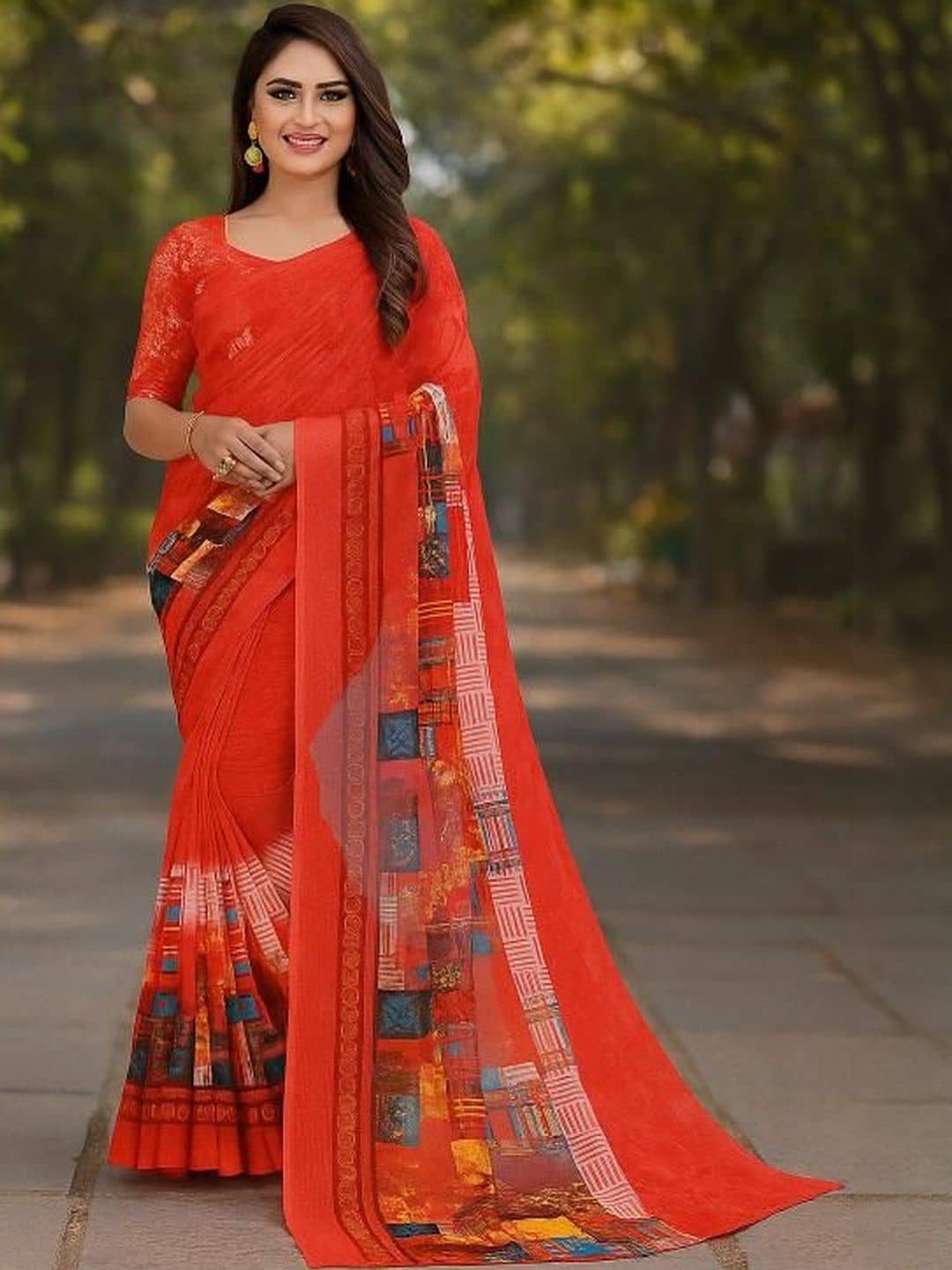 Suntex Georgette Printed Regular Saree With Unstitched Blouse Piece ( Red ) - Sarees | Buy online on ZillyBuy