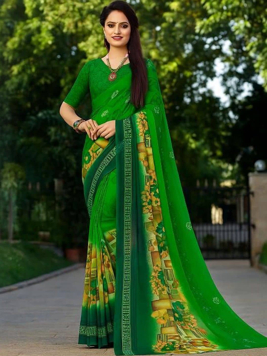 Suntex Georgette Printed Regular Saree With Unstitched Blouse Piece ( Green ) - Sarees | Buy online on ZillyBuy