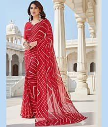 Today Deal Georgette Printed Leheriya Saree With Unstitched Blouse Piece ( Red )