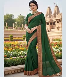 Today Deal Georgette Solid Regular Saree With Unstitched Blouse Piece ( Green )