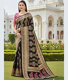 Today Deal Silk Blend Woven Kanjeevaram Sarees With Unstitched Blouse Piece ( Black )