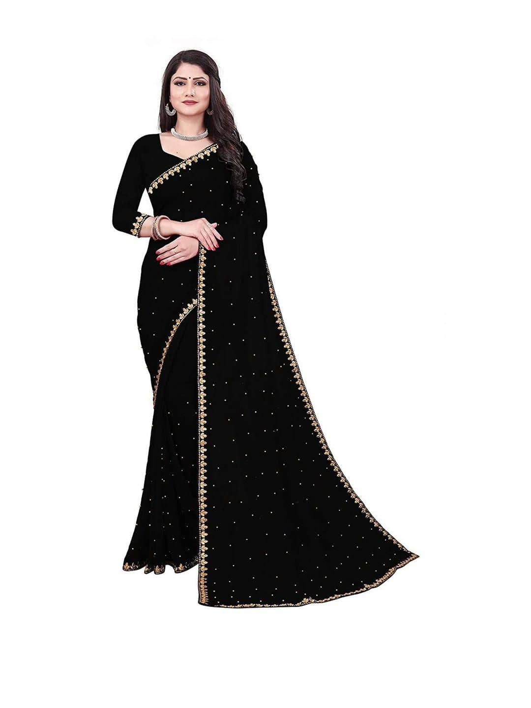 Saadhvi Lycra Embellished Regular Saree With Unstitched Blouse Piece ( Black )