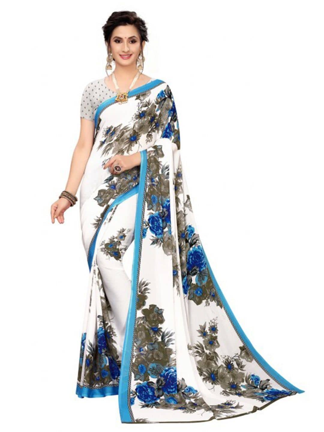 Suntex Georgette Printed Regular Saree With Unstitched Blouse Piece ( White ) - Sarees | Buy online on ZillyBuy