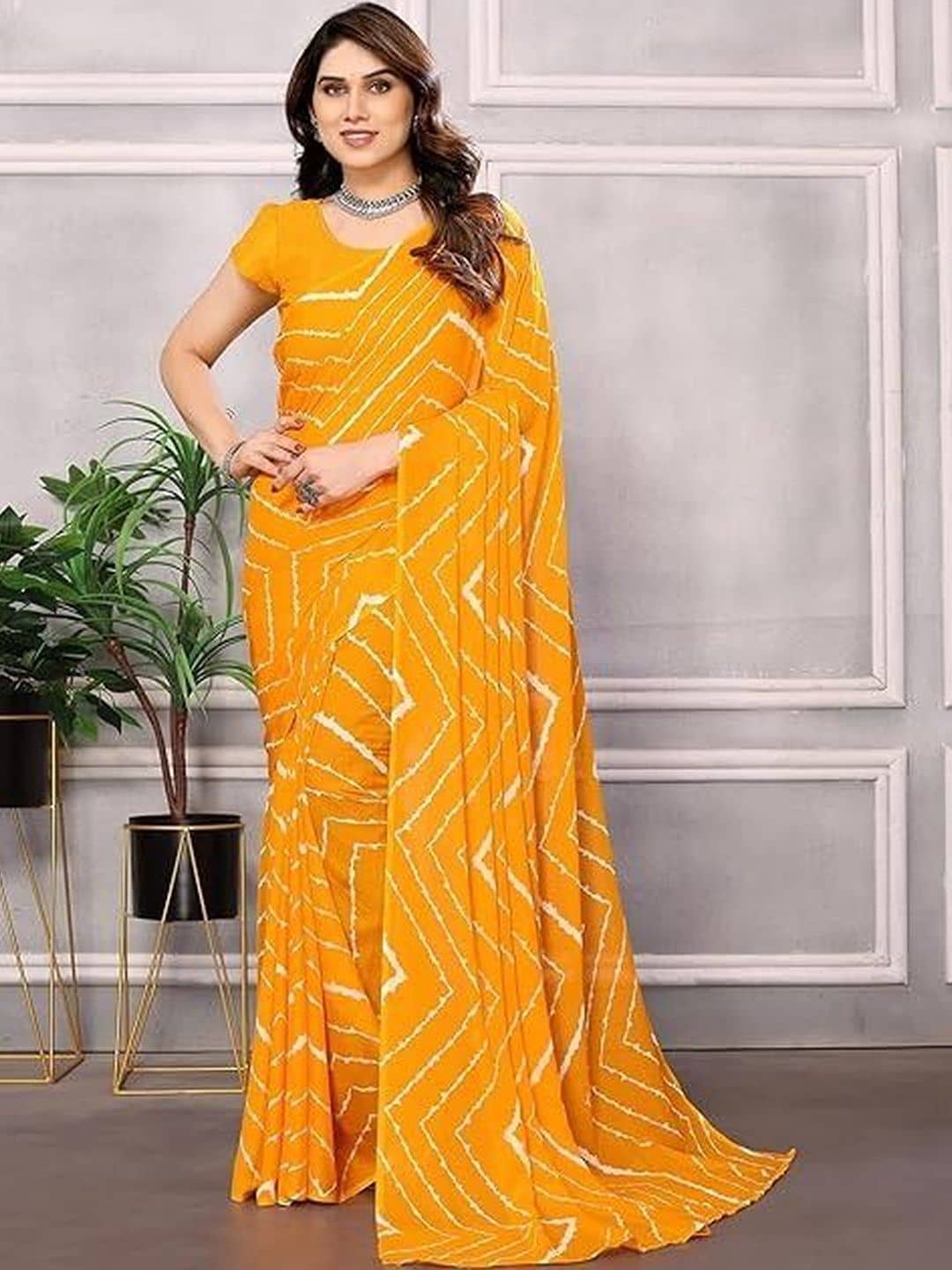 Suntex Georgette Printed Regular Saree With Unstitched Blouse Piece ( Yellow ) - Sarees | Buy online on ZillyBuy