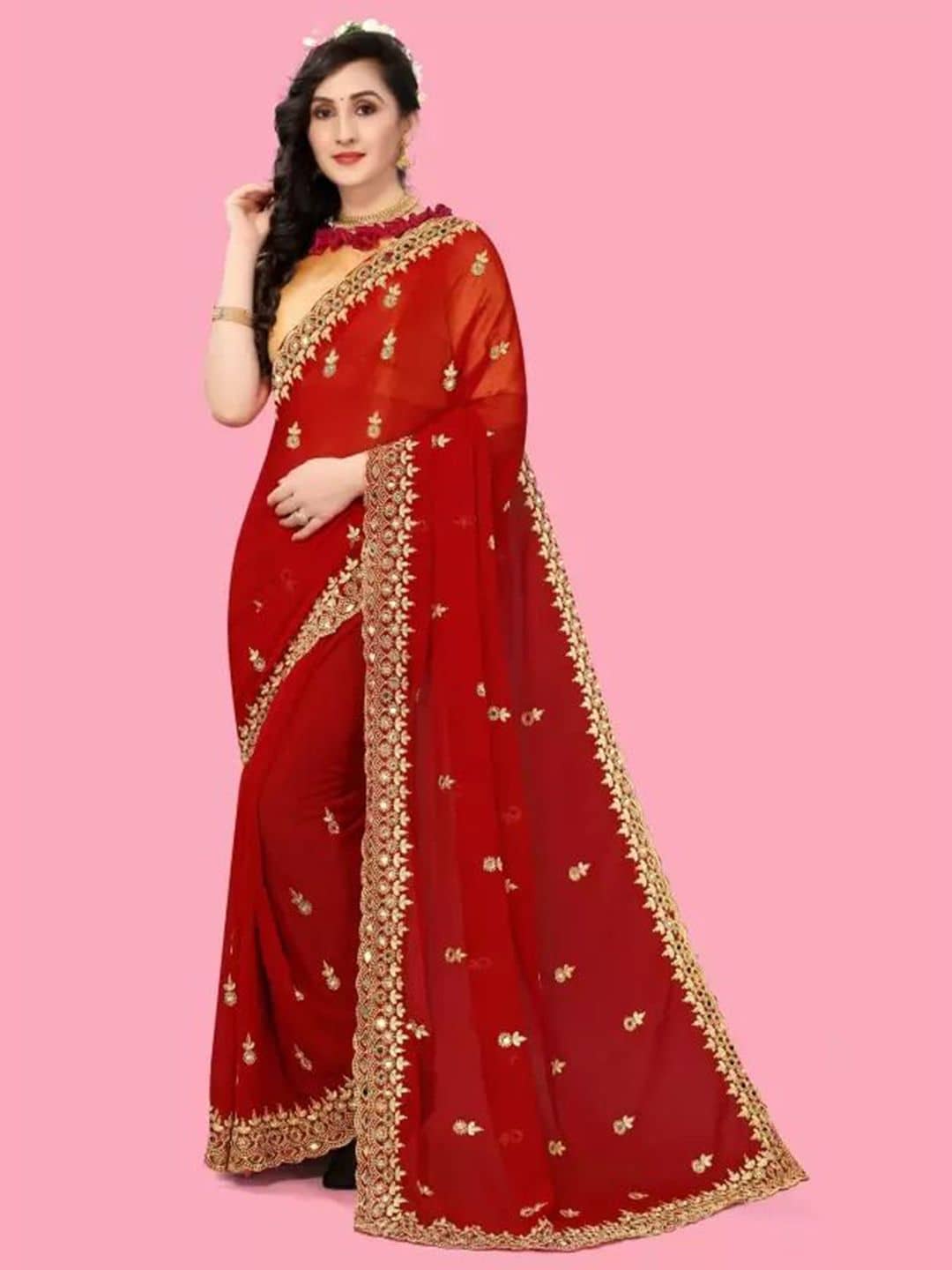 Suntex Net Embroidered Regular Saree With Unstitched Blouse Piece ( Red ) - Sarees | Buy online on ZillyBuy