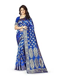 Today Deal Silk Blend Woven Banarasi saree With Unstitched Blouse Piece ( Blue )