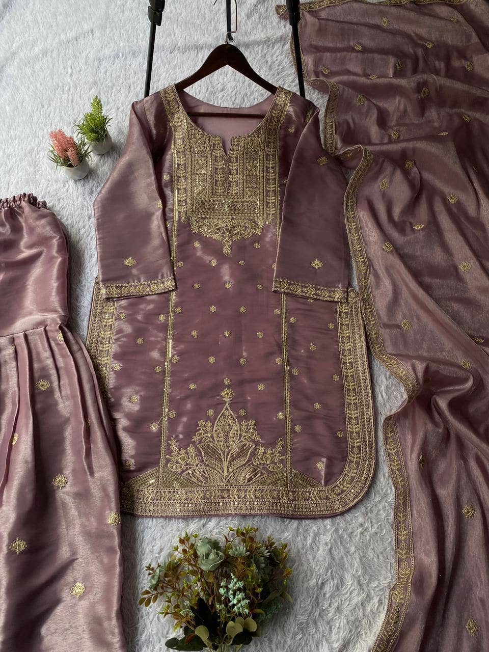 BHAGYASHRAY Women Silk Embroidered Ethnic Motifs Kurti With Patiala Salwar ( Purple )
