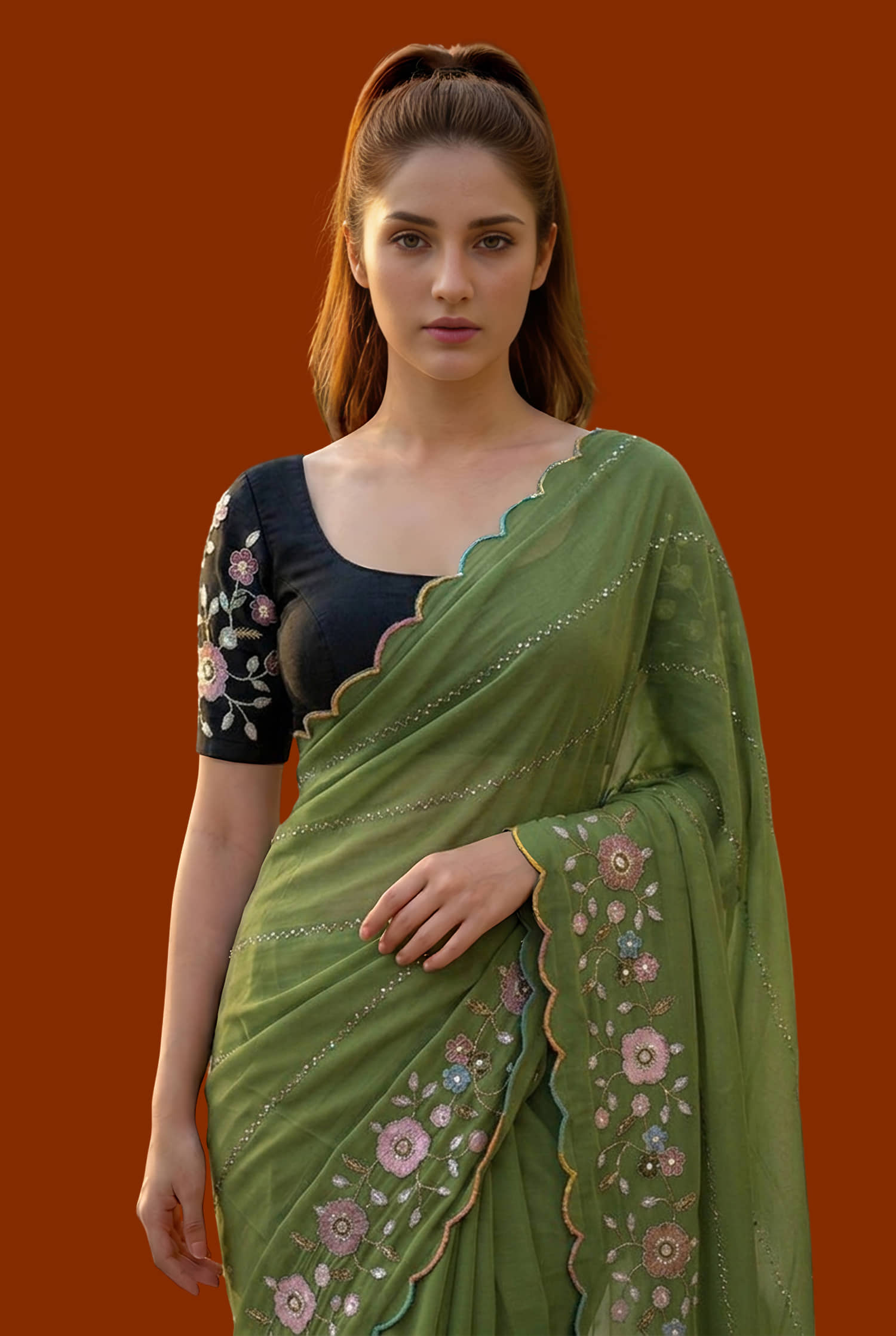 Indy Bliss Georgette Embroidered Regular Saree With Unstitched Blouse Piece ( Green ) - Sarees | Buy online on ZillyBuy