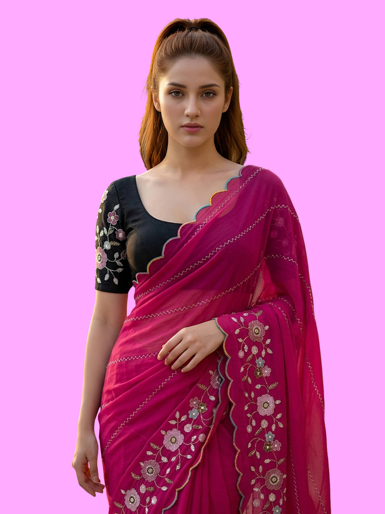 Indy Bliss Satin Embroidered Regular Saree With Unstitched Blouse Piece ( Pink ) - Sarees | Buy online on ZillyBuy