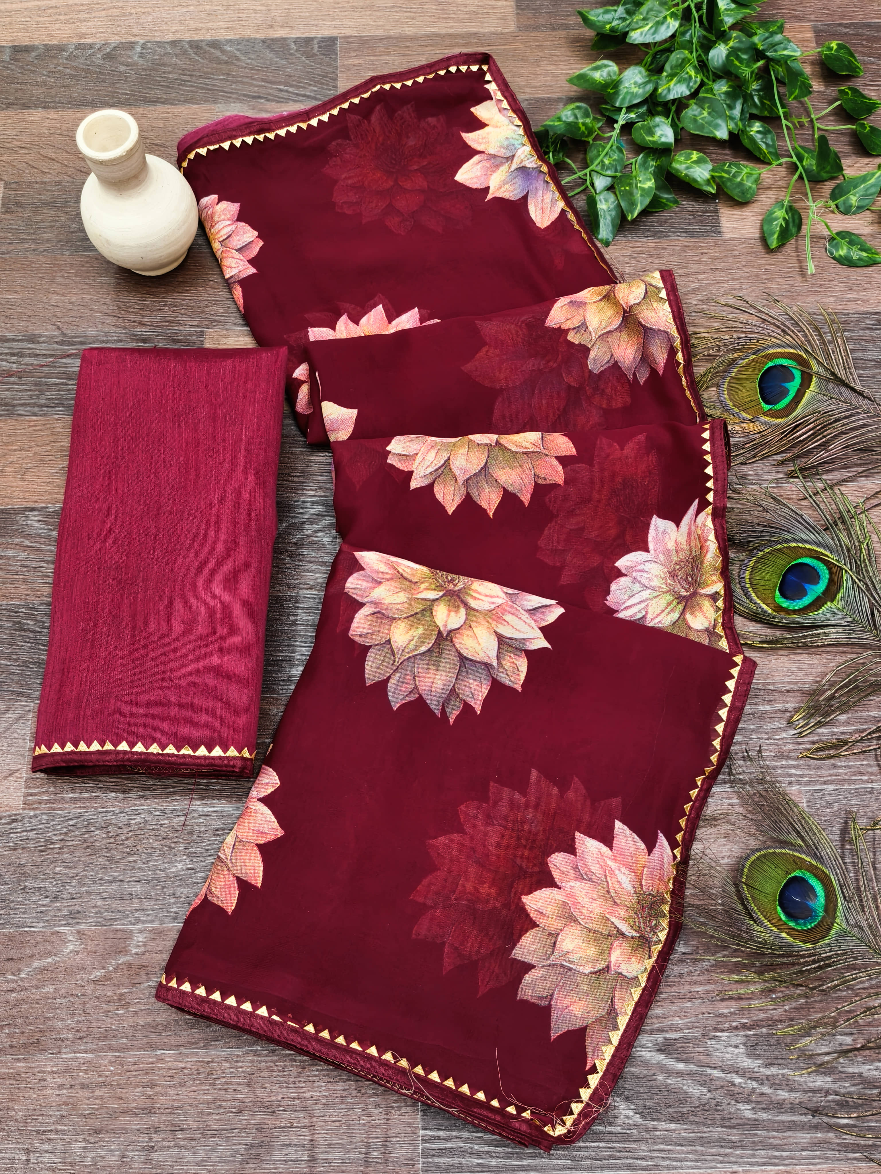 Kanooda Prints Georgette Printed Regular Saree With Unstitched Blouse Piece ( Maroon ) - Sarees | Buy online on ZillyBuy