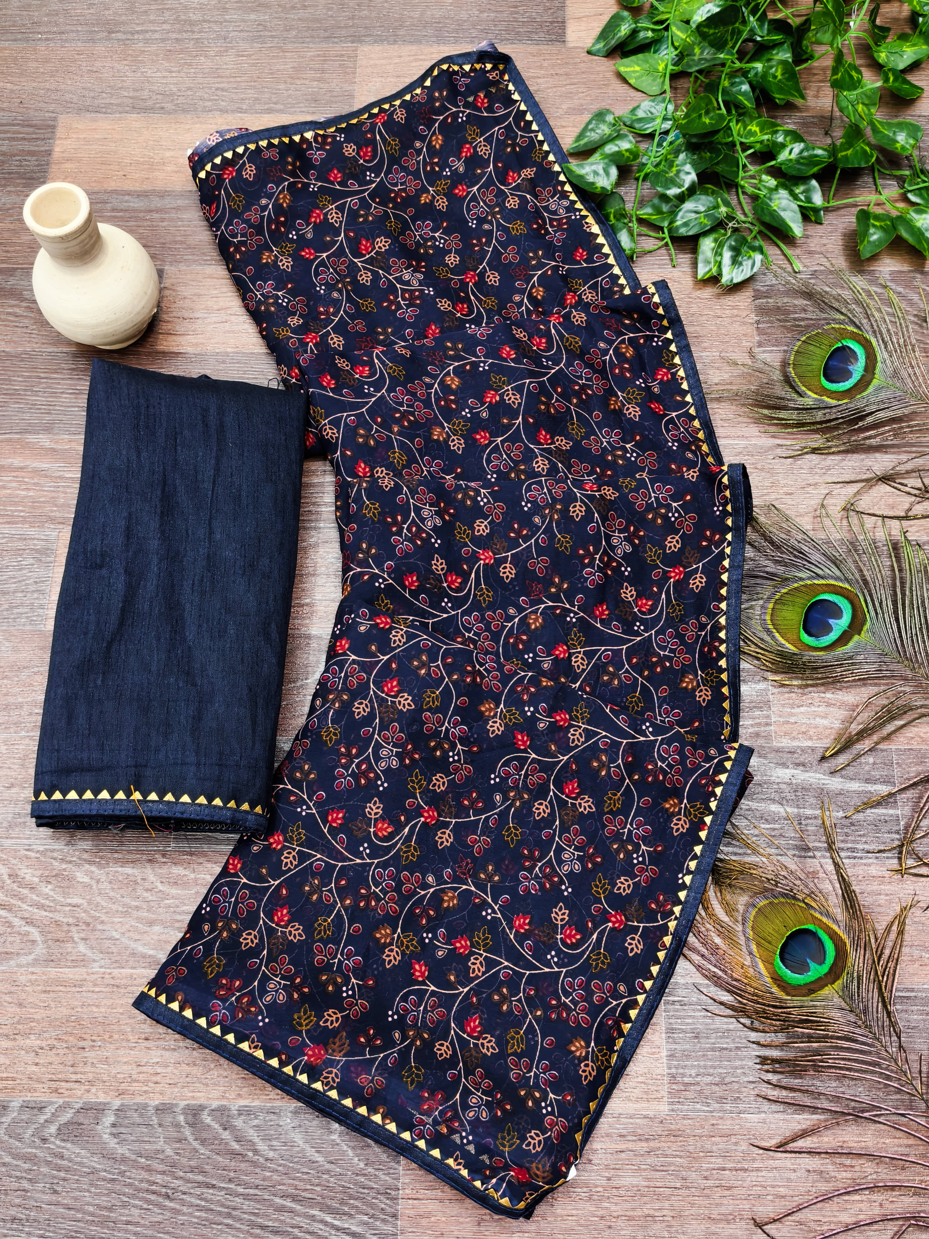 Kanooda Prints Georgette Printed Regular Saree With Unstitched Blouse Piece ( Navy Blue ) - Sarees | Buy online on ZillyBuy