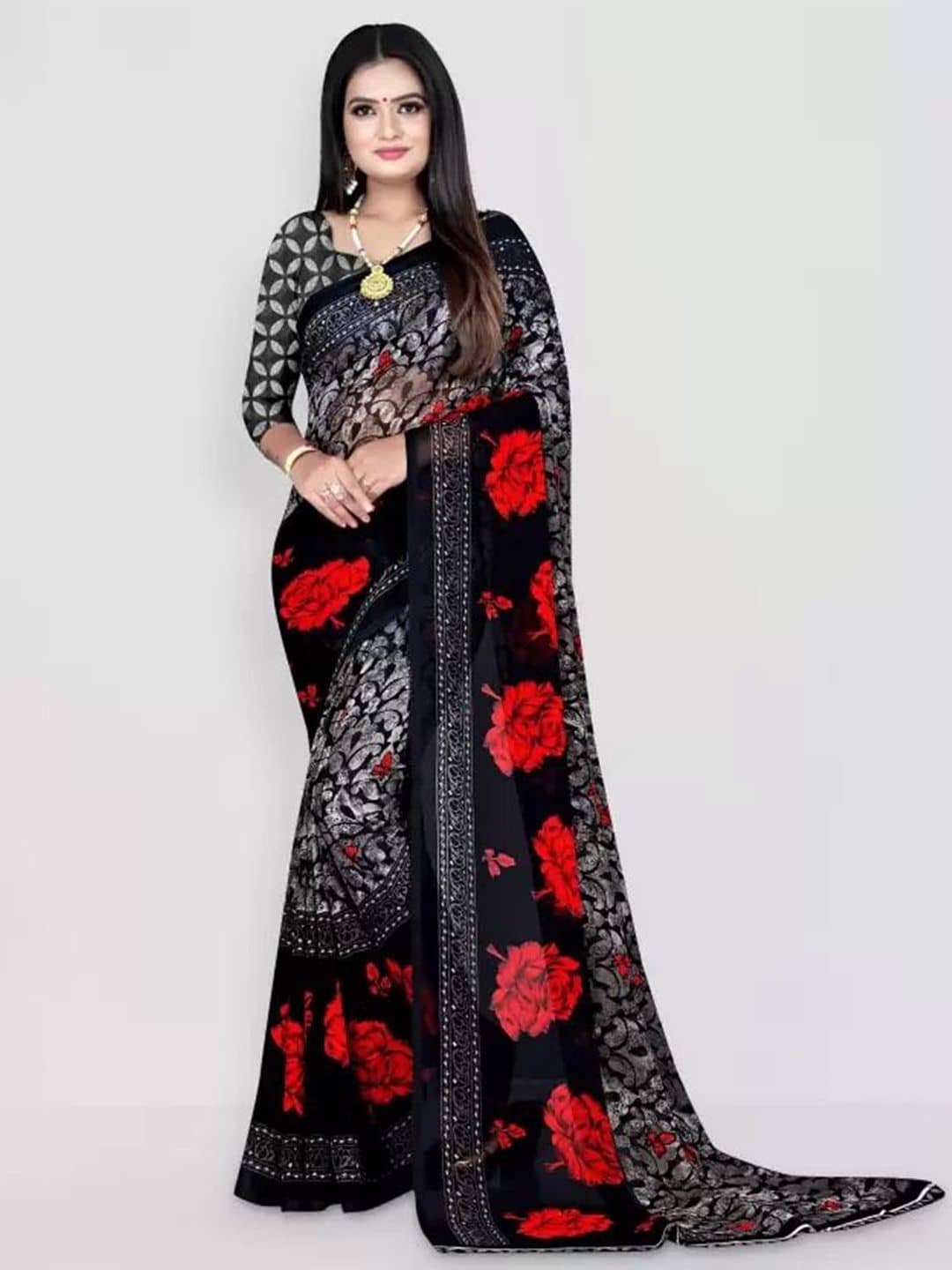 Saadhvi Georgette Printed Regular Saree With Unstitched Blouse Piece ( Black )