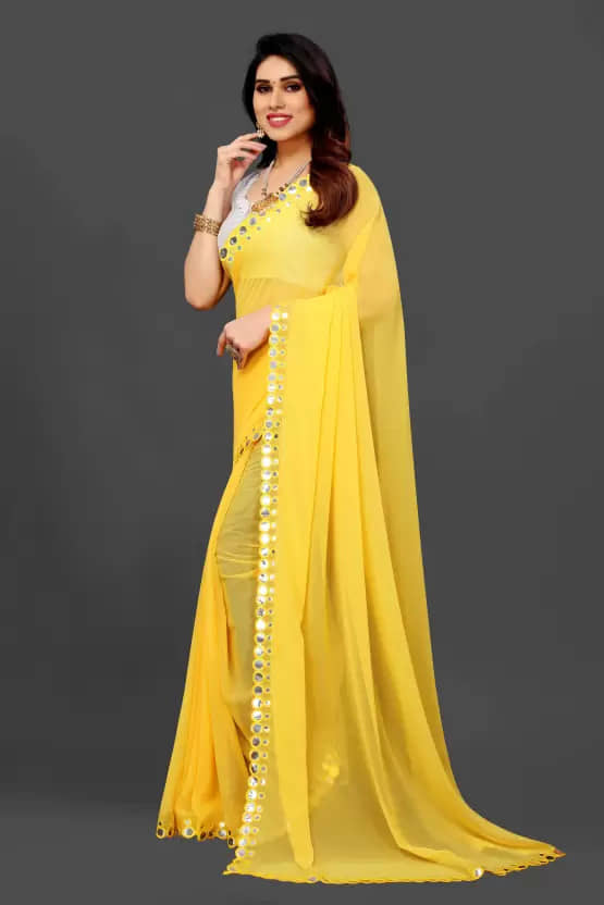 VEERAIVA Silk Cut Outs Leheriya Saree With Unstitched Blouse Piece ( Yellow ) - Sarees | Buy online on ZillyBuy