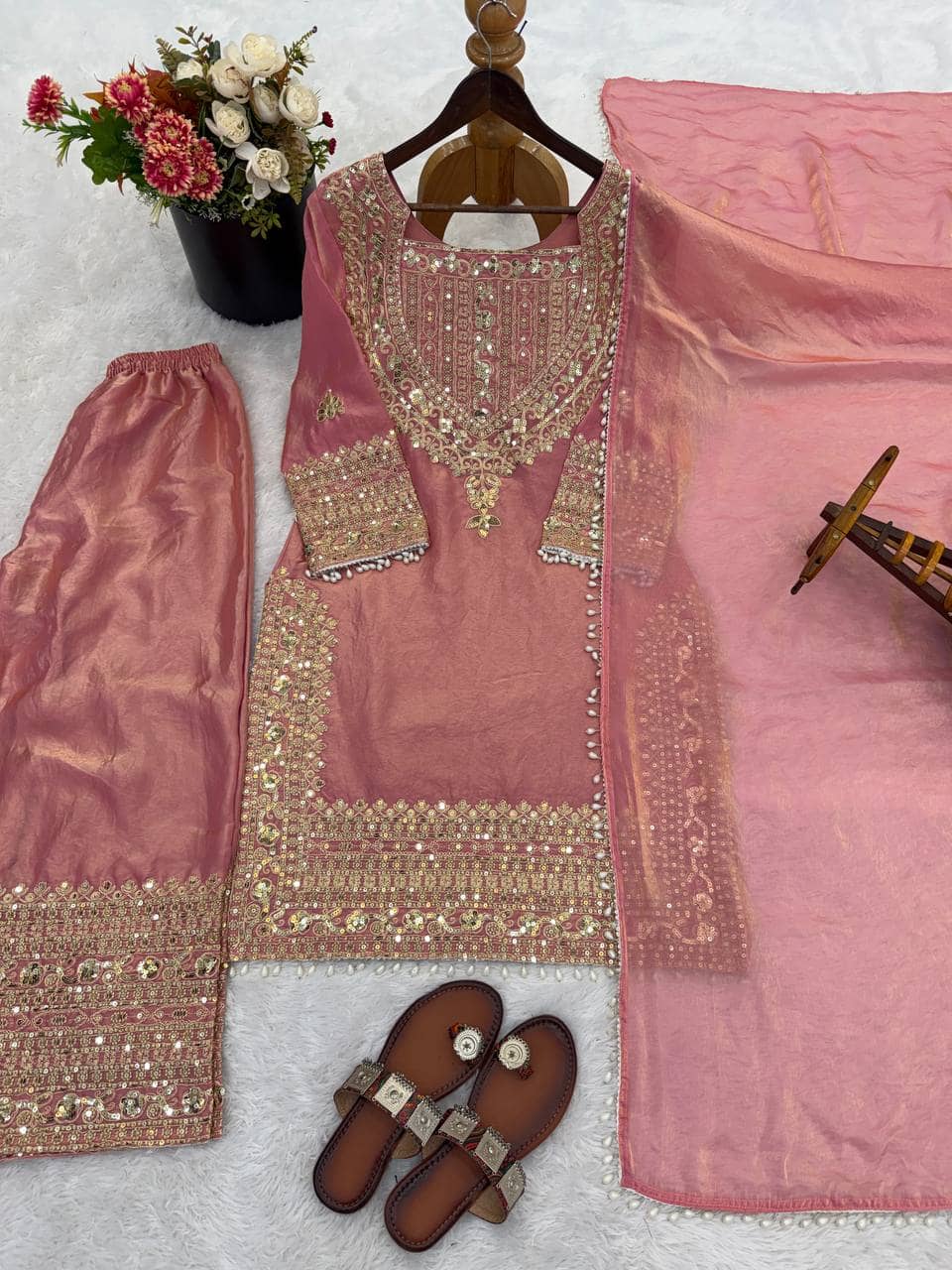 VYOM EMPORIO Women Silk Embroidered Ethnic Motifs Kurti With Patiala Salwar ( Pink )