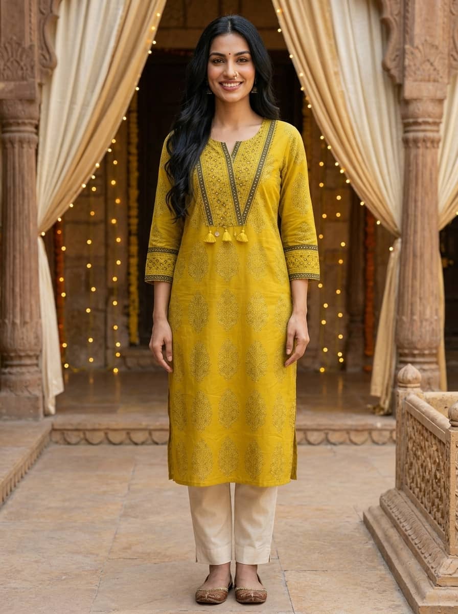 Ritulika Women Cotton Printed Straight Kurti ( Yellow ) - Kurtis, Tunics | Buy online on ZillyBuy