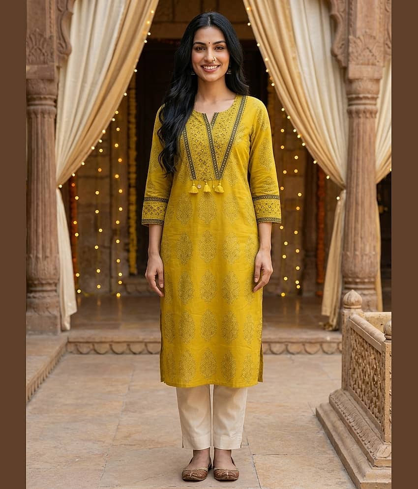 Ritulika Women Cotton Printed Straight Kurti ( Yellow ) - Kurtis, Tunics | Buy online on ZillyBuy