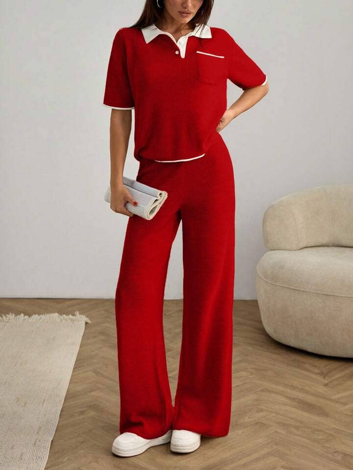 Christy World Women Solid T-Shirt With Trousers Co-Ord Set ( Red )