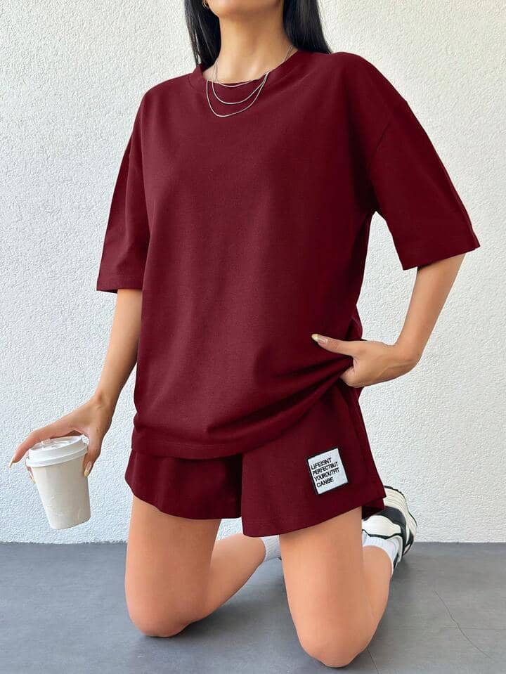 Christy World Women Solid T-Shirt With Shorts Co-Ord Set ( Maroon )