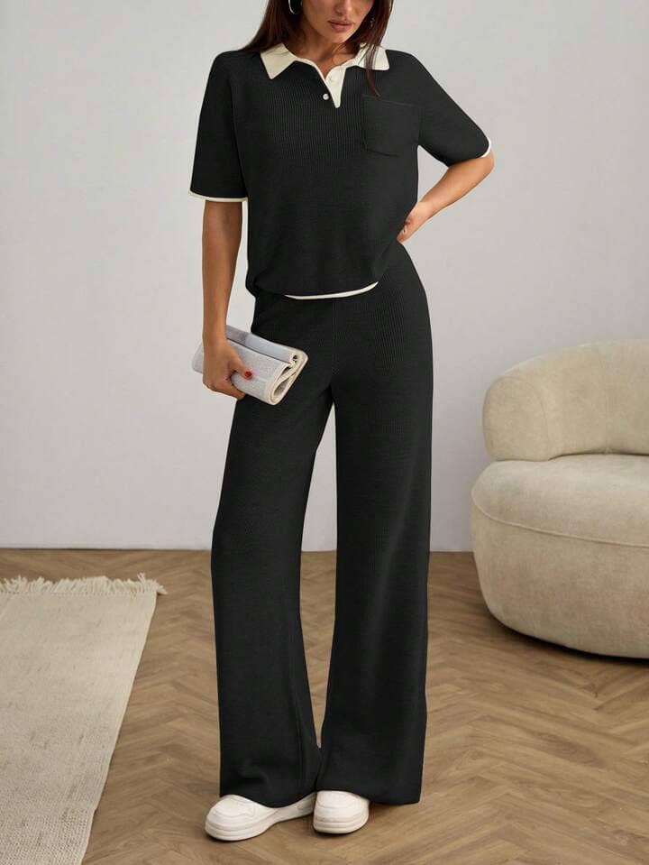 Christy World Women Solid T-Shirt With Trousers Co-Ord Set ( Black )