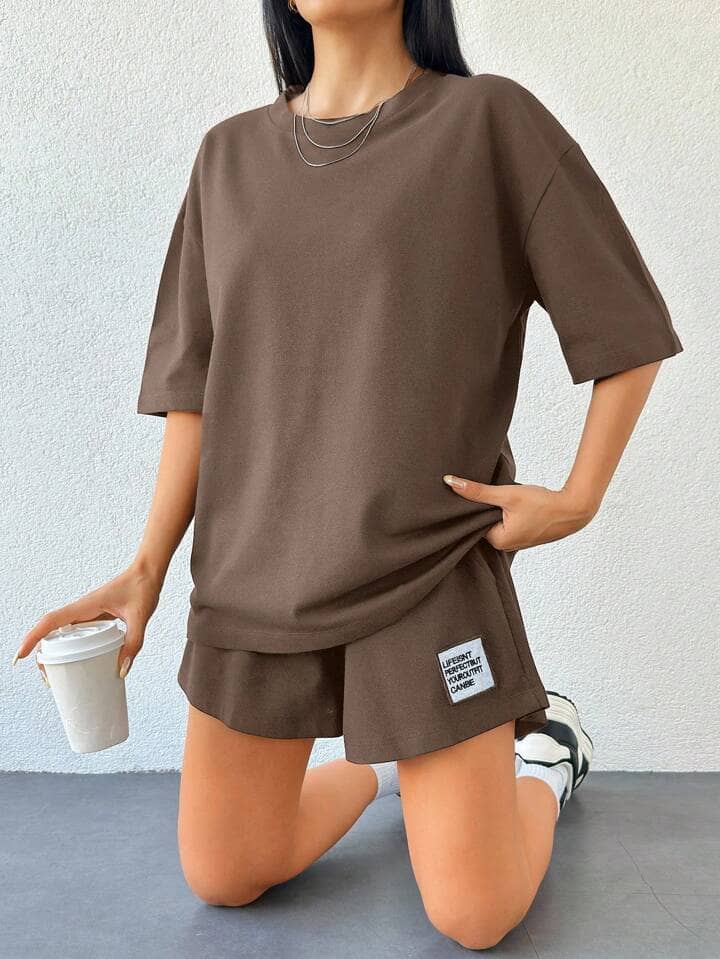 Christy World Women Solid T-Shirt With Shorts Co-Ord Set ( Brown )