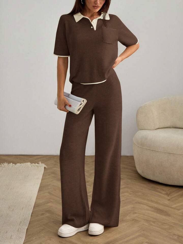 Christy World Women Solid T-Shirt With Trousers Co-Ord Set ( Brown )