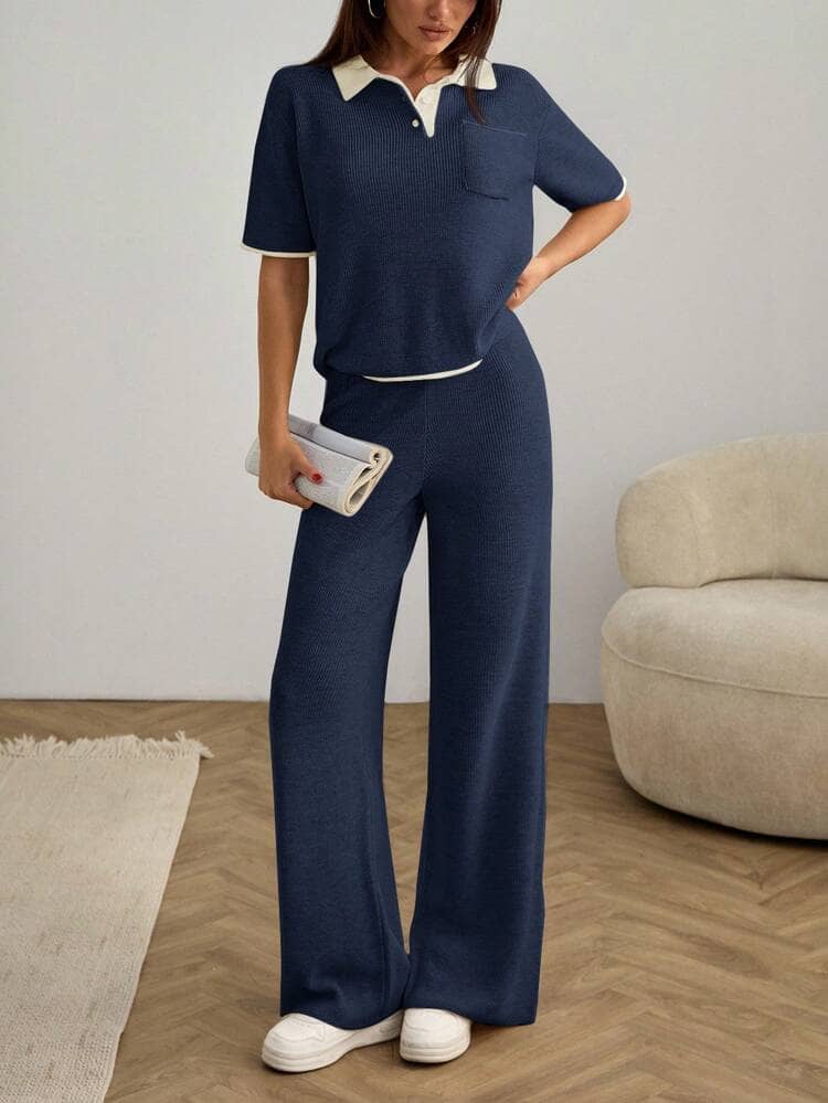 Christy World Women Solid T-Shirt With Trousers Co-Ord Set ( Navy Blue )