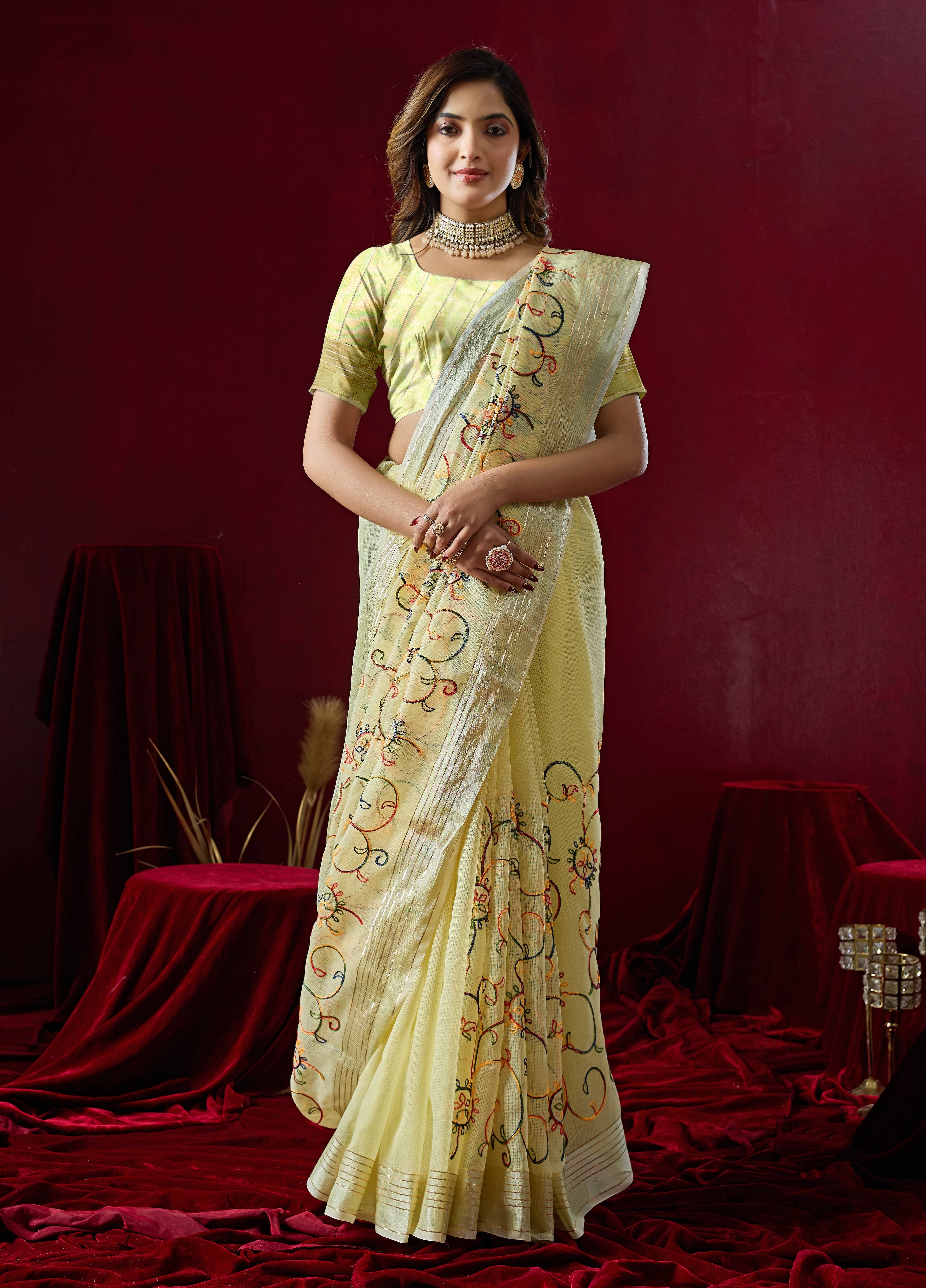 Sidhidata Cotton Silk Embroidered Kota Doria Saree With Unstitched Blouse Piece ( Yellow ) - Sarees | Buy online on ZillyBuy