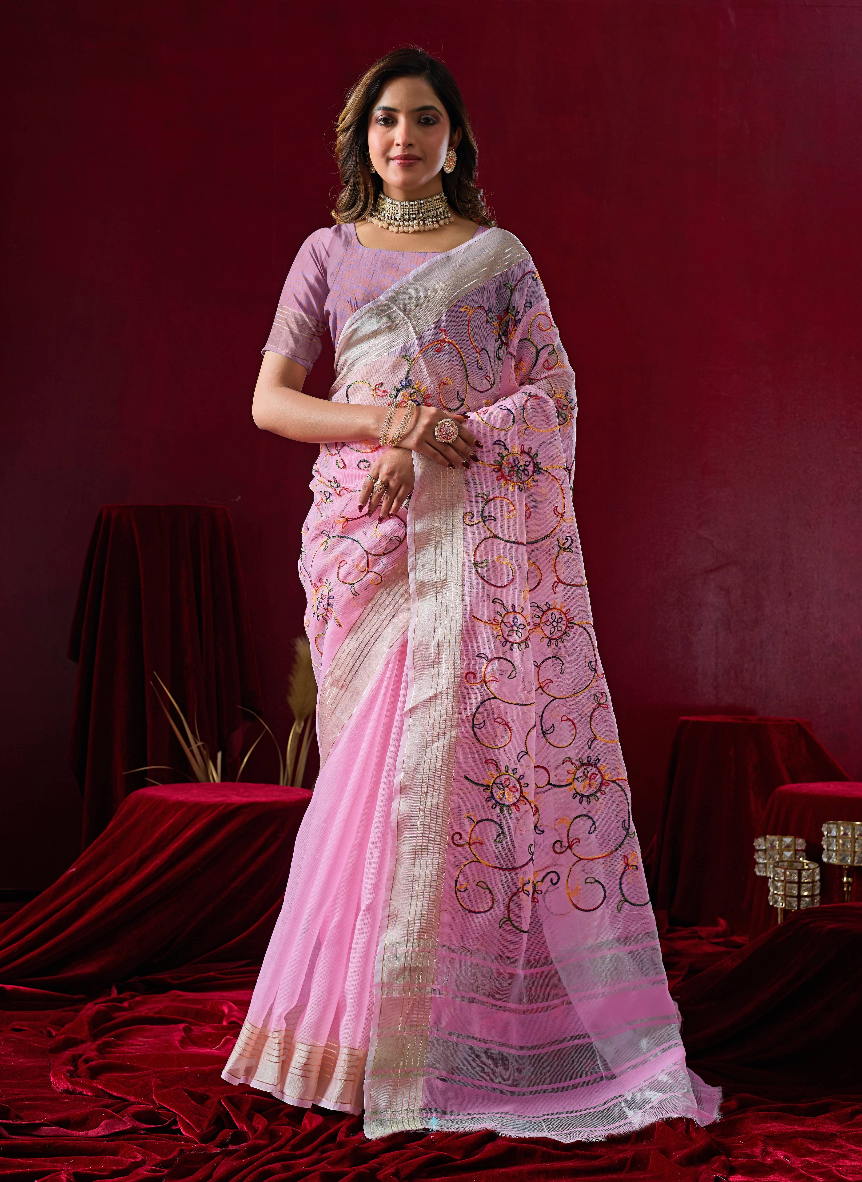 Sidhidata Cotton Silk Embroidered Kota Doria Saree With Unstitched Blouse Piece ( Pink ) - Sarees | Buy online on ZillyBuy