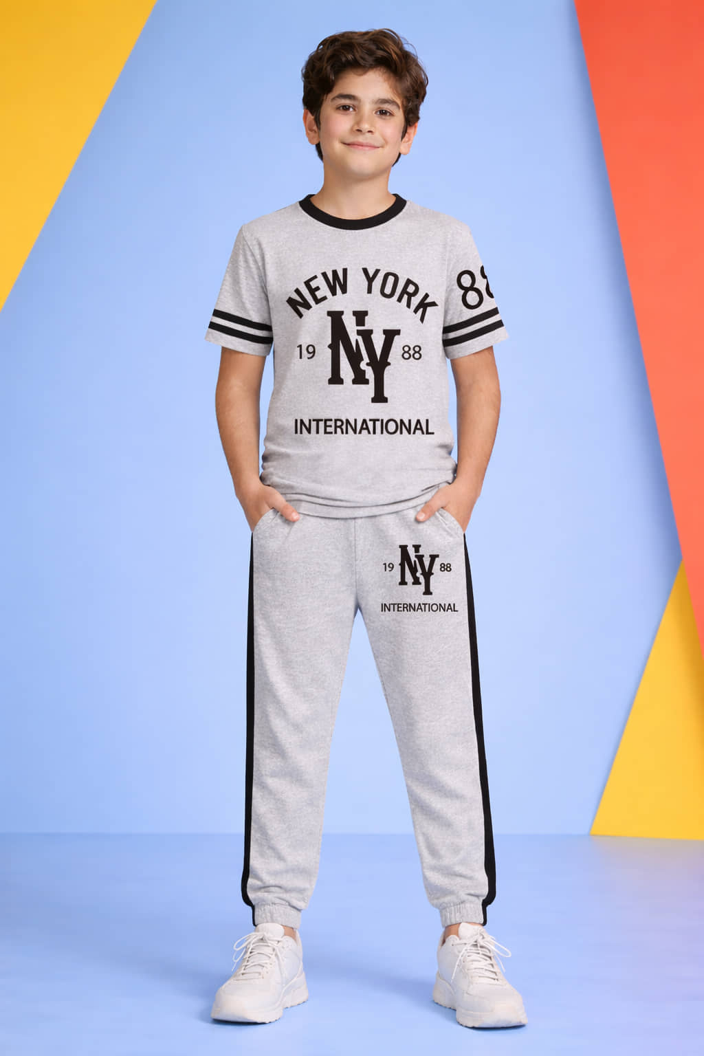 Trampoline Boys Cotton Blend T-Shirt & Trackpants Set ( Grey , Pack of 1 )
