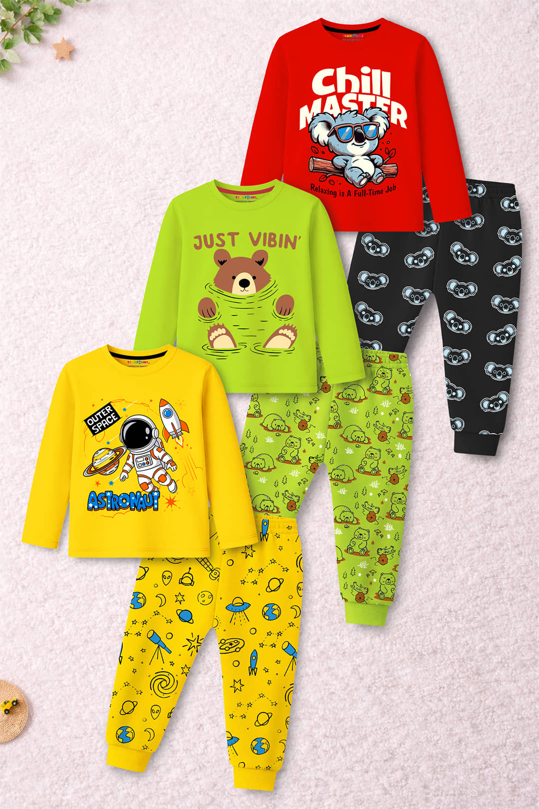 Trampoline Boys Cotton Blend T-Shirt & Pants Set ( Multi , Pack of 3 )