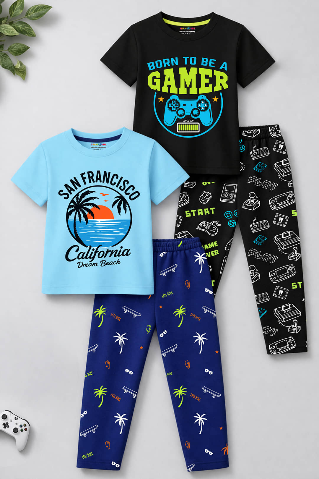 Trampoline Boys Cotton Blend T-Shirt & Pants Set ( Multi , Pack of 2 )