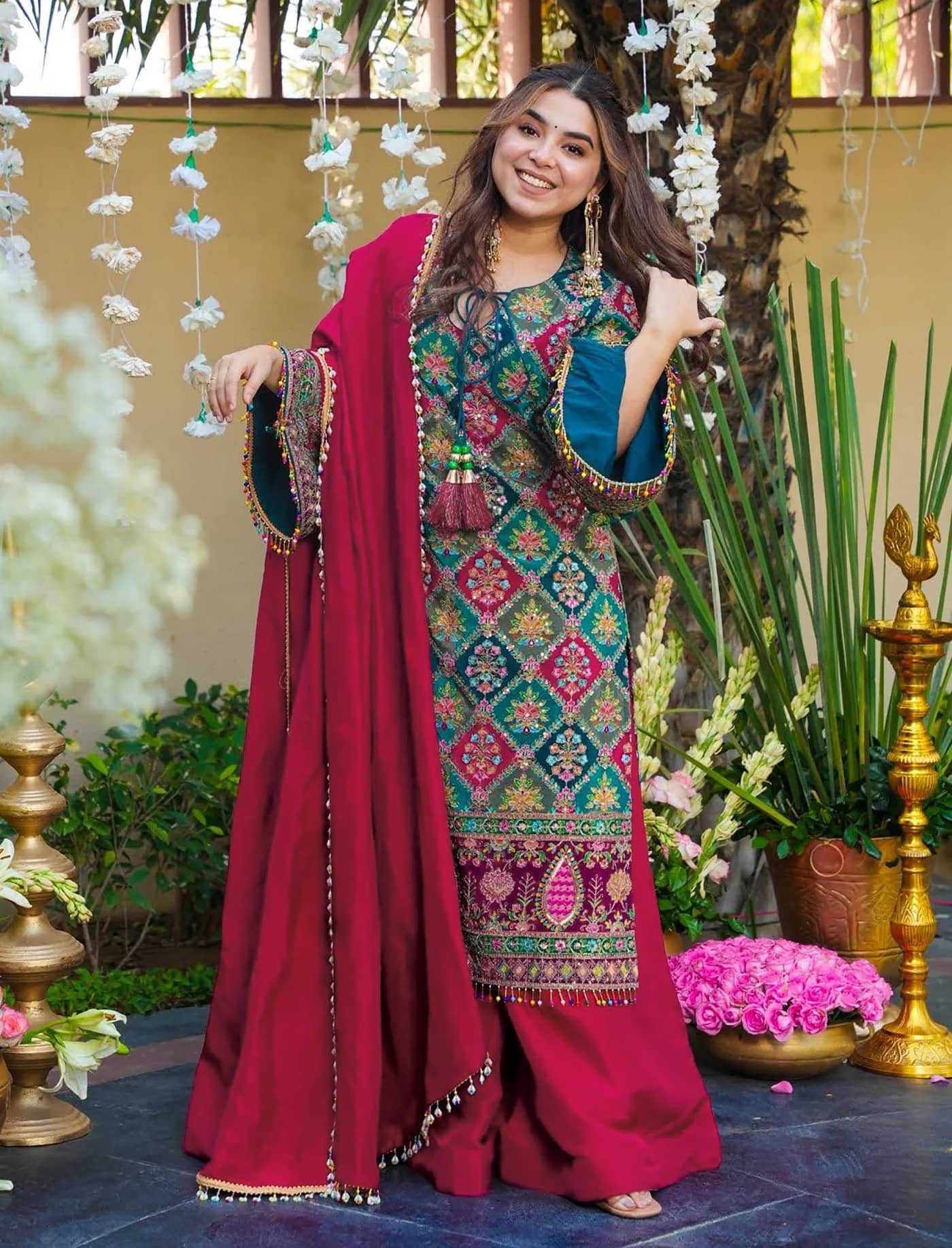 kedar fab Women Silk Printed Straight Kurti With Palazzo ( Pink )