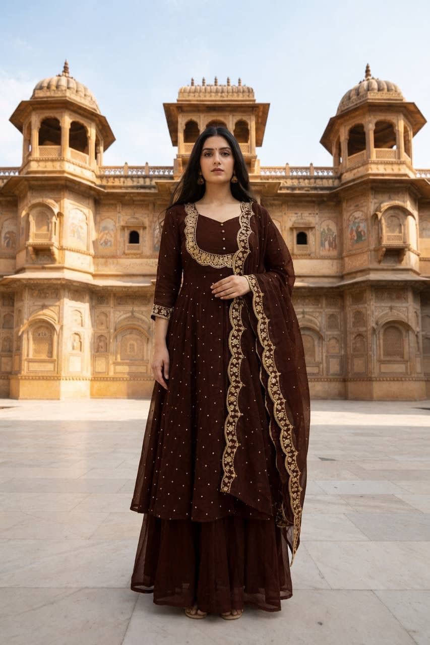 keshav fashion Women Art Silk Solid Anarkali Kurti With Palazzo ( Brown )