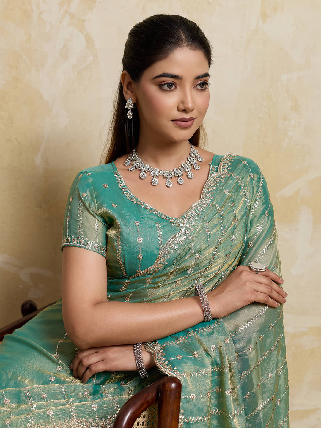 TTH Jimmy Choo Embroidered Regular Saree With Unstitched Blouse Piece ( Green ) - Sarees | Buy online on ZillyBuy