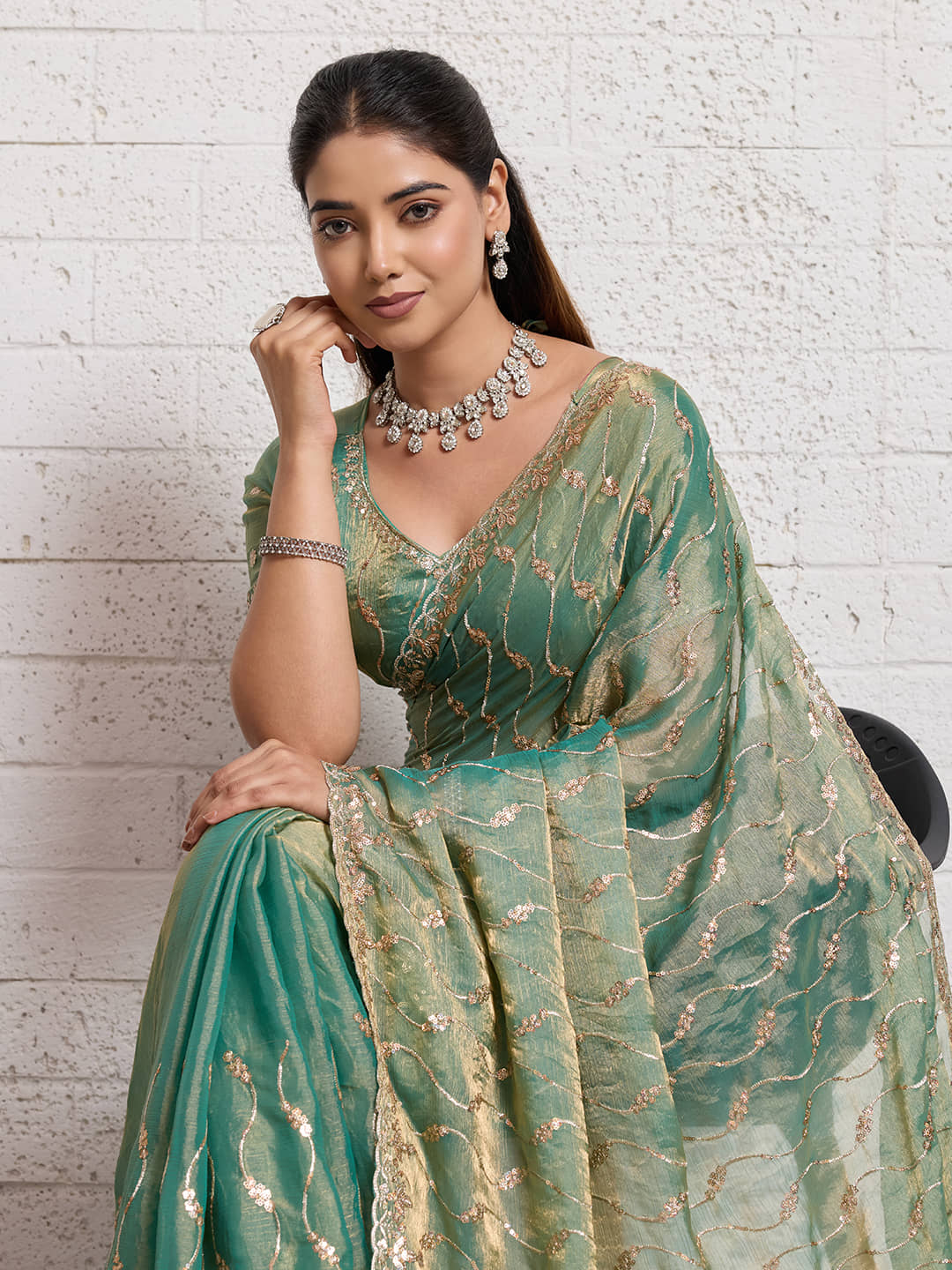 TTH Jimmy Choo Embroidered Regular Saree With Unstitched Blouse Piece ( Sky Blue ) - Sarees | Buy online on ZillyBuy