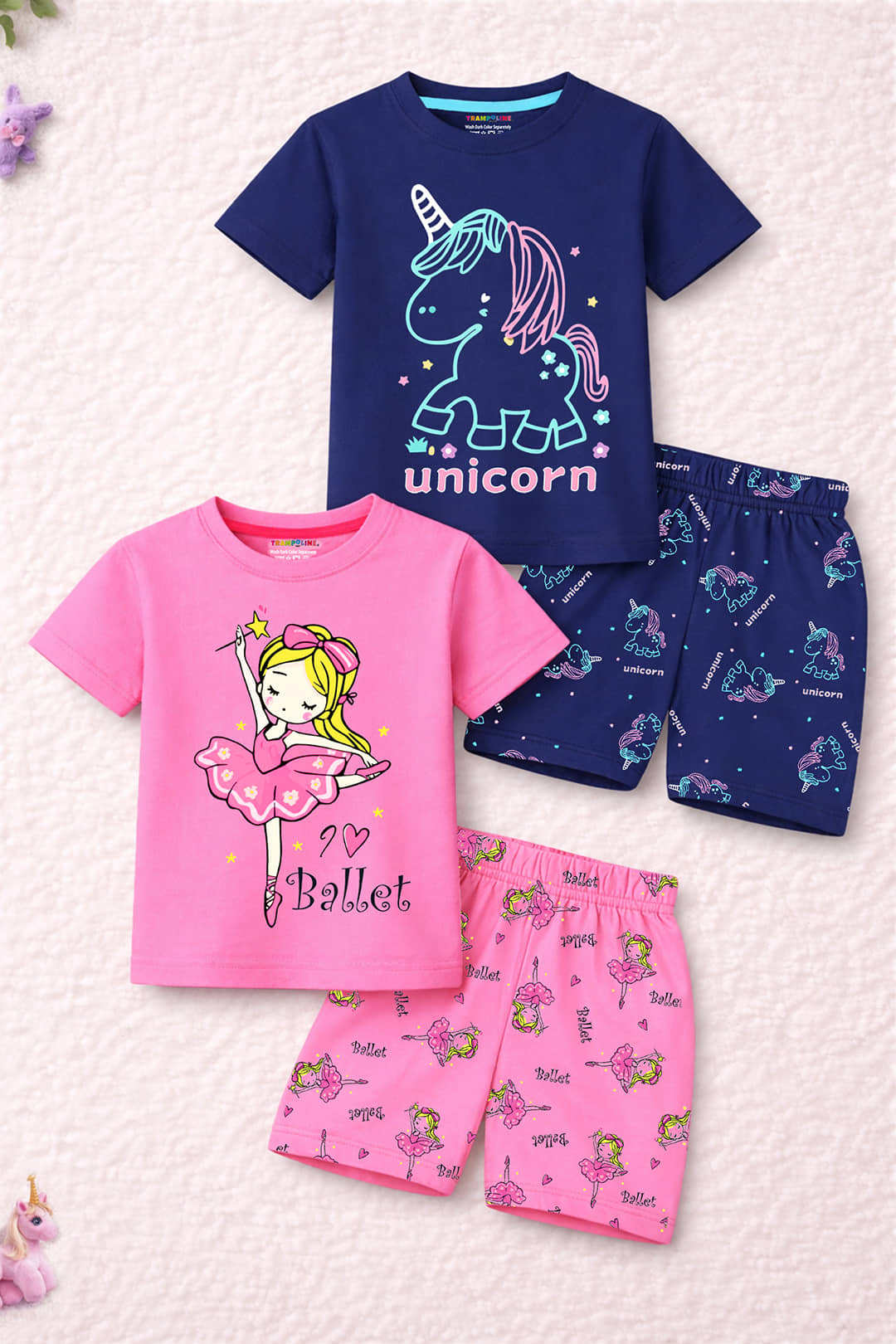 Trampoline Girls Cotton Blend T-shirt & Shorts Set ( Blue & Pink , Pack of 2 )