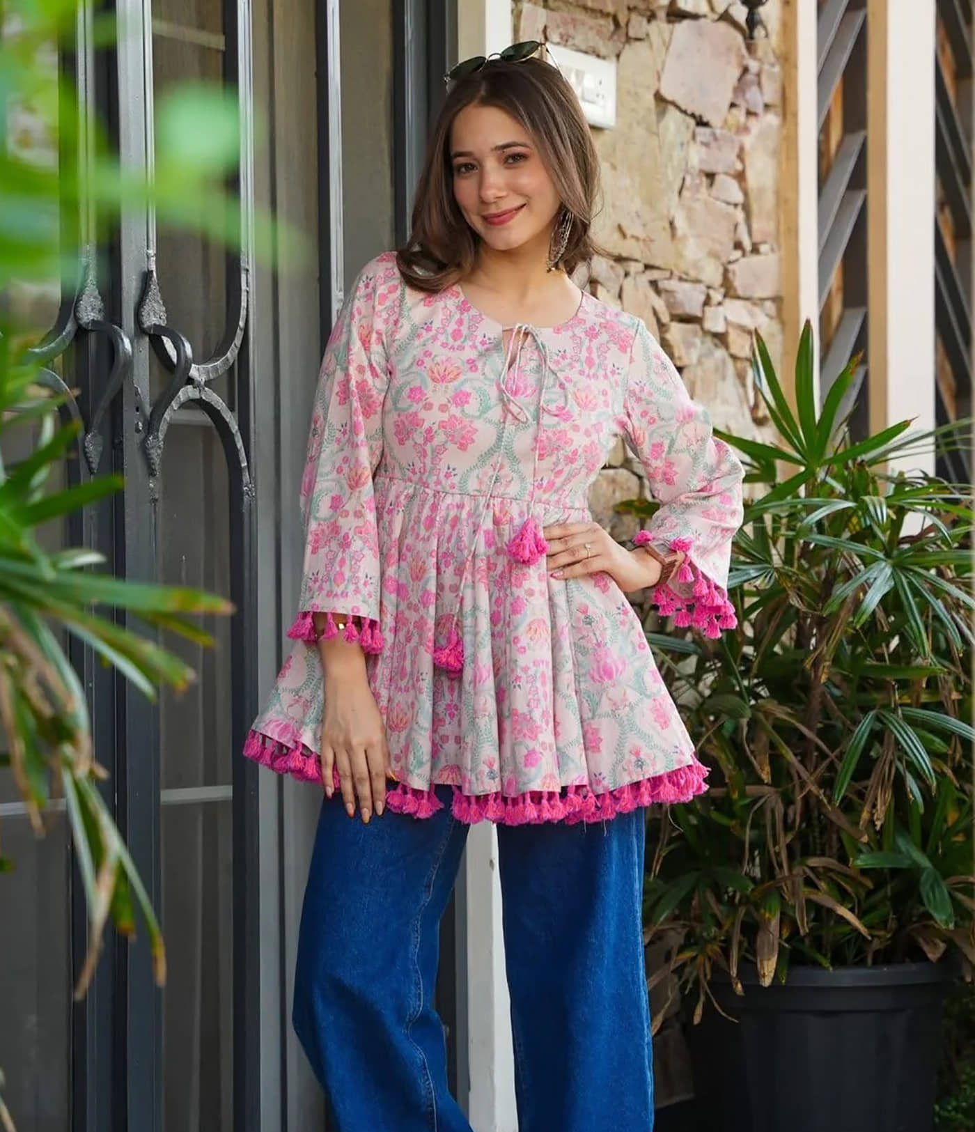 kedar fab Women Cotton Blend Printed Flared Kurti with Dupatta ( Pink ) - Kurtis, Tunics | Buy online on ZillyBuy