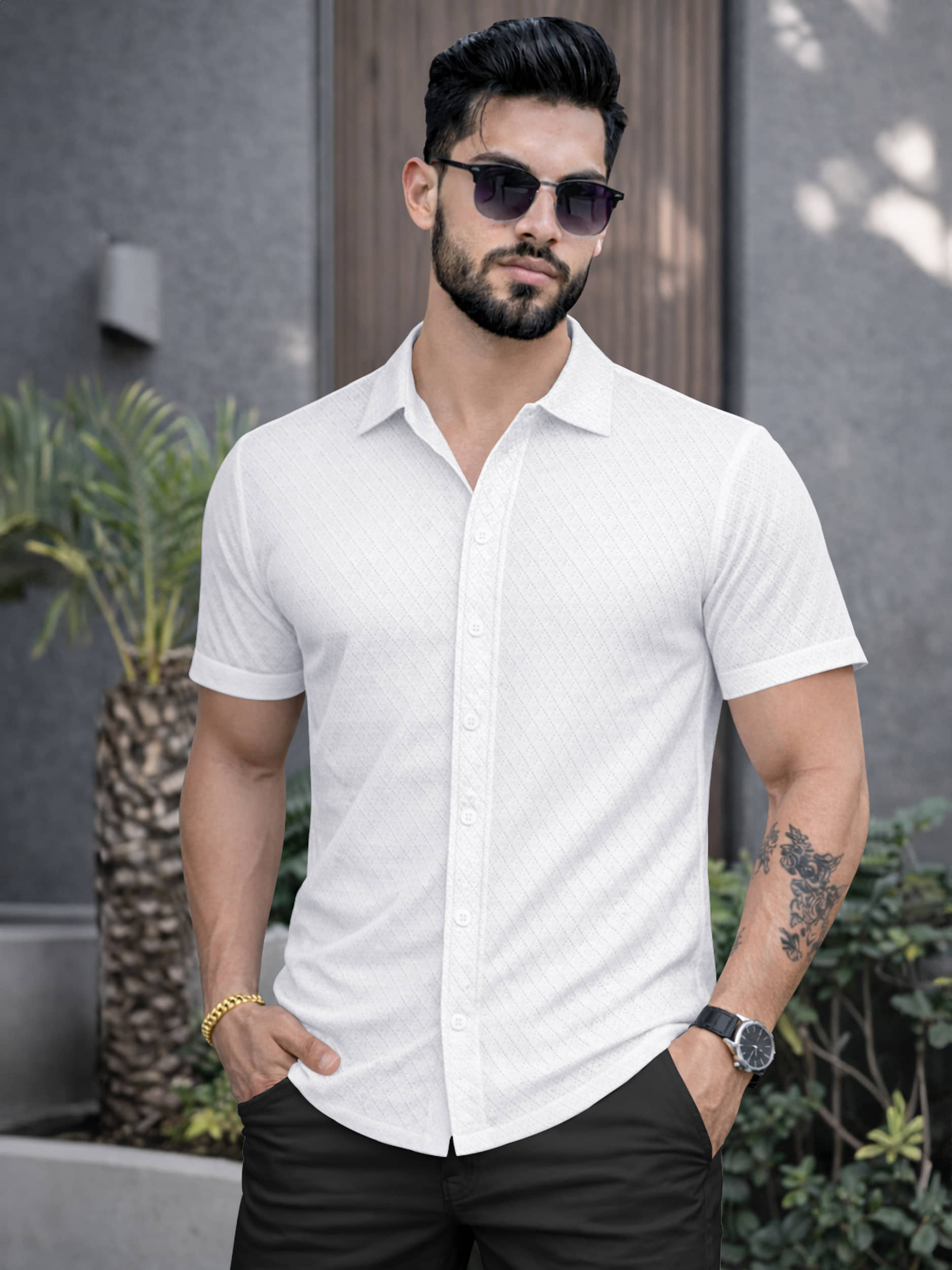 Eyebogler Polyester Regular Fit Popcorn Textured Half Sleeves Men's Casual Shirt - White ( Pack of 1 )