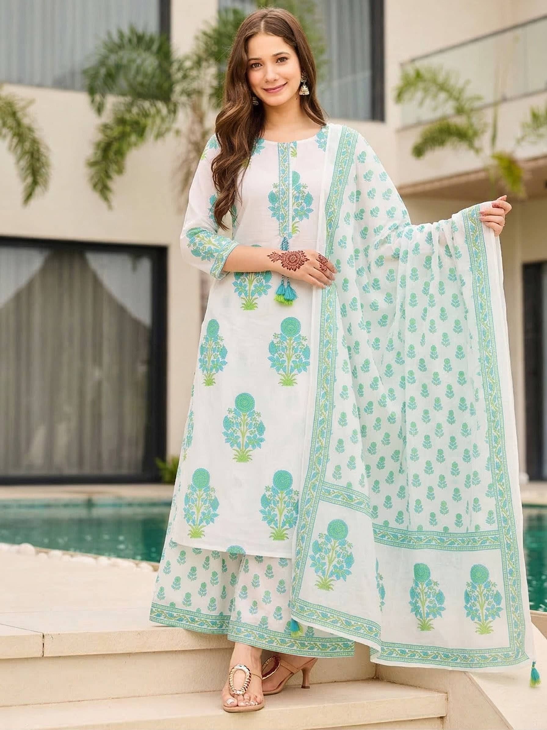 INDIAN SILKS Women Cotton Printed Straight Kurti With Palazzo ( White )